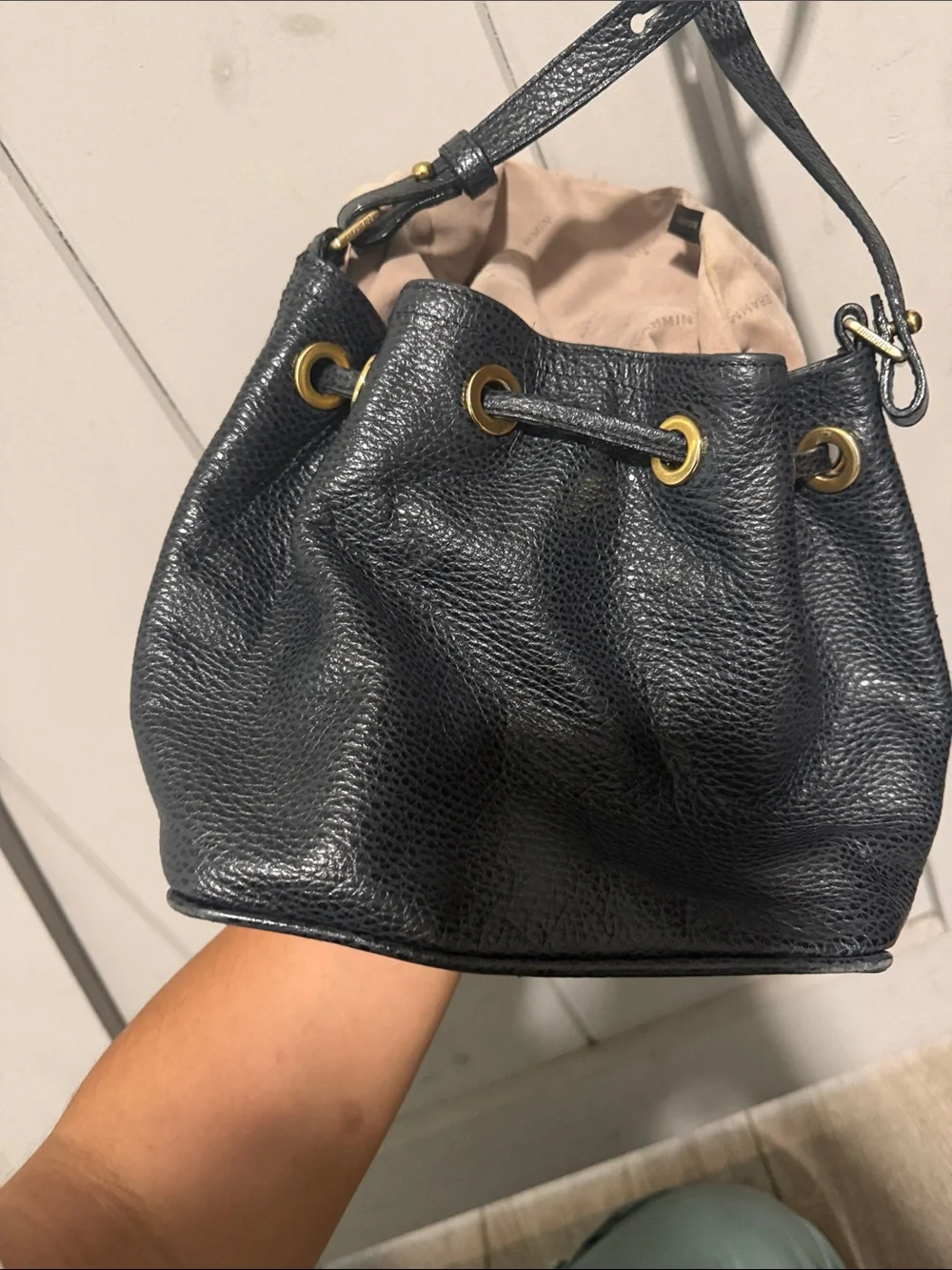 Brahmin Black Pebbled Leather Drawstring Hobo with Gold Hardware
